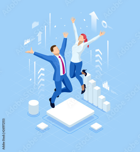 Isometric profit, fortune and success, successful investment concept. Man and woman is glad a lot of money, success, good luck.