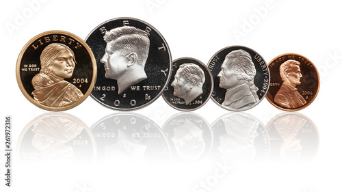 Photography American coins set isolated on white background