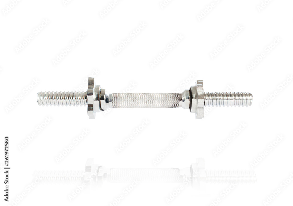 Metal dumbbell bar without weight plates on white background Metal dumbbell bar without weight plates on white background
