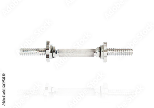 Metal dumbbell bar without weight plates on white background