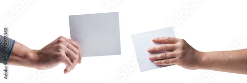 Hands holding, delivering blank piece of paper