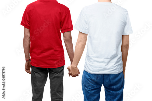 Rear view of gay couple holding hands together