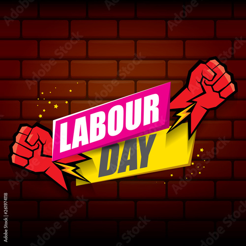 Happy labour day vector label with strong orange fist on red brick wall background. vector happy labor day background or banner with man hand. workers may day poster