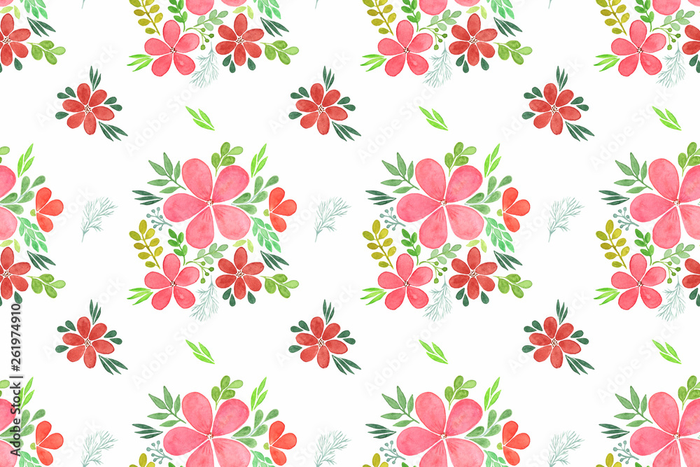 Simple fantasy flowers and leaves seamless pattern on the white background, abstract floral design, hand drawn botanic set, floral watercolor illustration