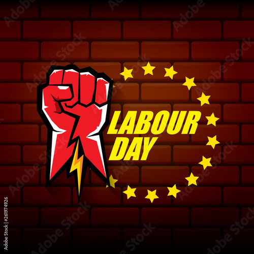 Happy labour day vector label with strong orange fist on red brick wall background. vector happy labor day background or banner with man hand. workers may day poster