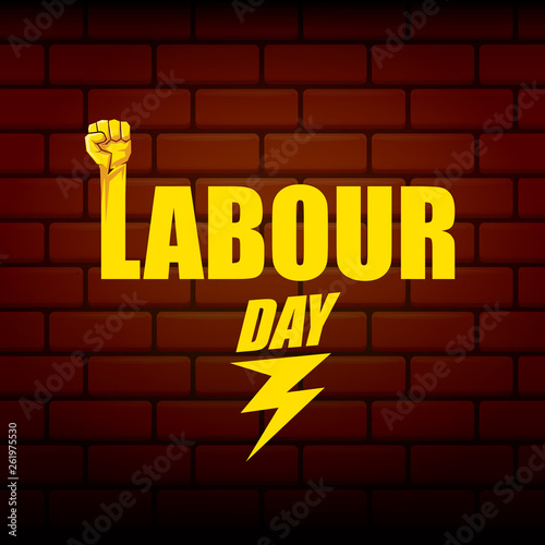 Happy labour day vector label with strong orange fist on red brick wall background. vector happy labor day background or banner with man hand. workers may day poster
