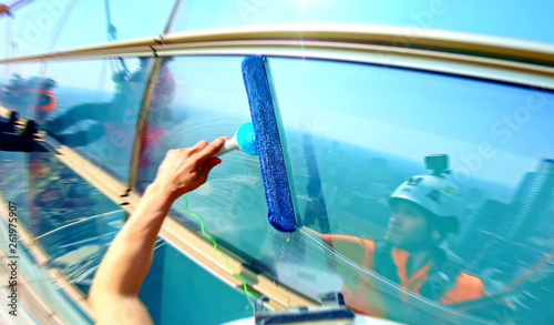 Rappelling on skyscraper for window cleaning