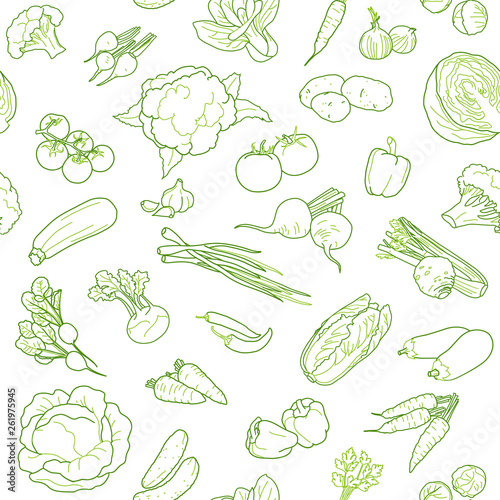 Vegan food seamless pattern design template, sketched style. Vector