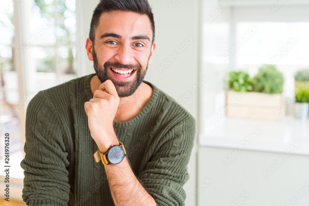 Plakat Handsome man smiling cheerful with a big smile on face showing teeth, positive and happy expression