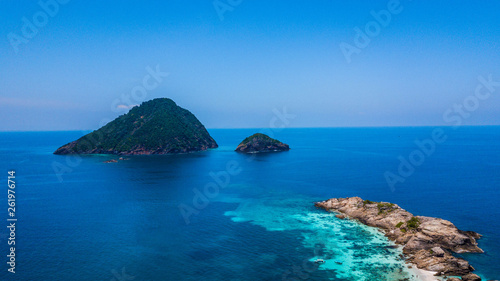 Pulau Tokong Kemudi, Pulau Susu Dara and Pulau Dara Kecil aerial view. Small islands close to Perhentian Island, beautiful water to snorkelling