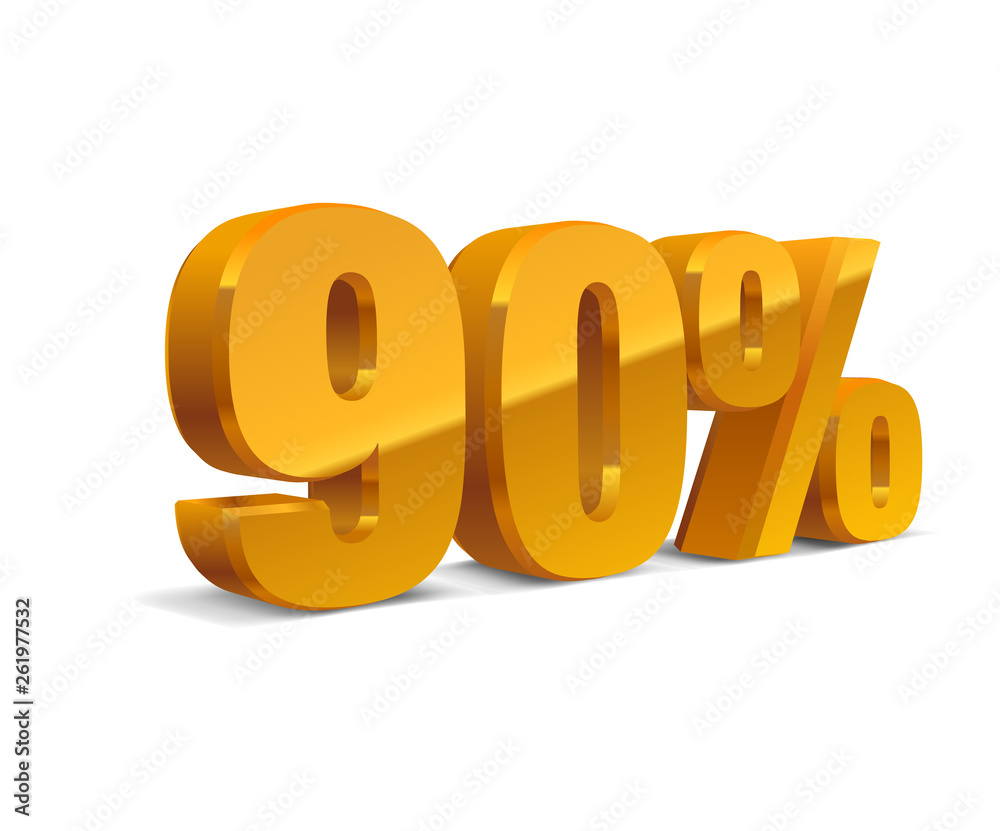 90% percent off, sale white background, golden-yellow metall object 3D. Eps10 Vector. 90% percent off, sale white background, golden-yellow metall object 3D. Eps10 Vector.
