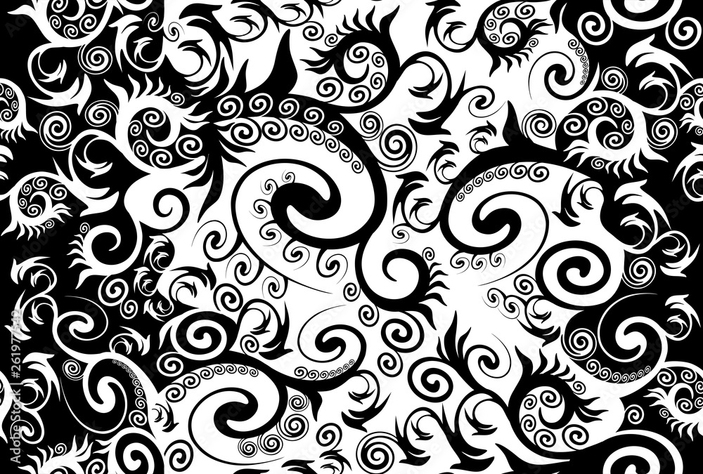 Seamless black and white abstract ornament with complex curls that have different sizes and shapes Seamless black and white abstract ornament with complex curls that have different sizes and shapes