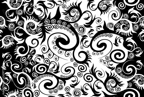 Seamless black and white abstract ornament with complex curls that have different sizes and shapes