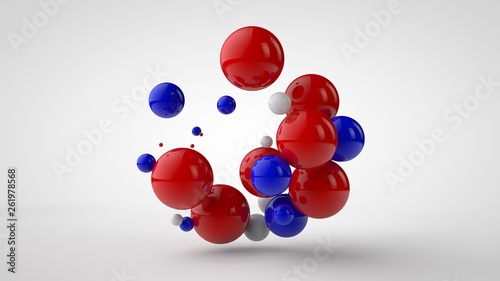 3D illustration of many colored balls of different sizes in one group. Red, blue and white spheres isolated on white background. Abstract image, 3D rendering