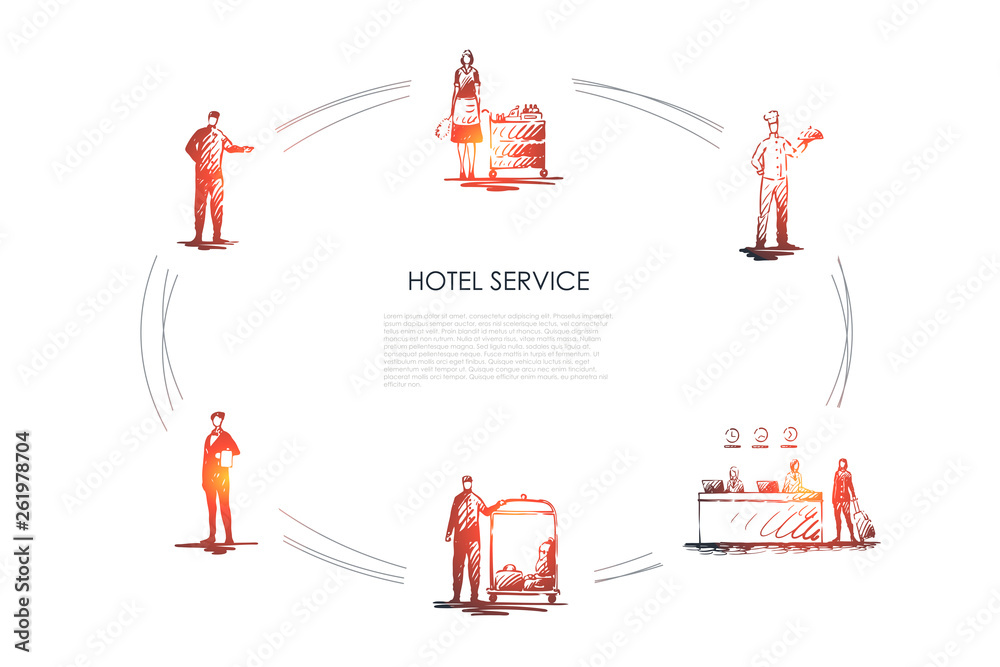 Hotel service -workers at reception, cleaning service, chef, waiter and concierge vector concept set Hotel service -workers at reception, cleaning service, chef, waiter and concierge vector concept set
