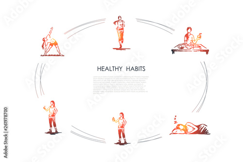 Healthy habits - running, eating healthy food, good sleeping, doing fitness and exercises vector concept set