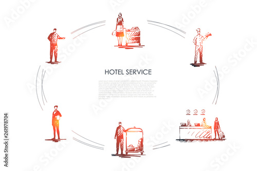 Hotel service -workers at reception, cleaning service, chef, waiter and concierge vector concept set