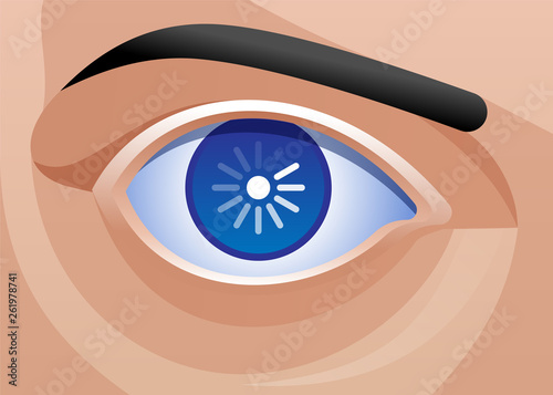 Artificial intelligence concept. Cyber eye with loading icon inside.