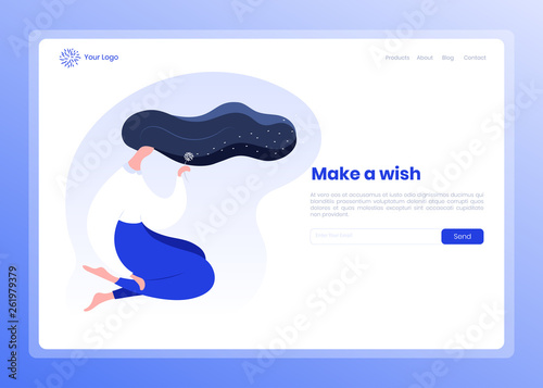 Dreaming, Make a Wish Landing Page. Young Woman with Long Wavy Hair Blowing Dandelions Seeds Daydreaming feeling Relax. Sweet Dreams, Fantasy, Women Health and Imagination concept. Flat Modern vector