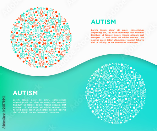 Autism concept in circle, symptoms and adaptive skills thin line icons: repetitive behavior, stereotypy, ignoring of danger, autoaggression, hysterics, social interaction. Modern vector illustration.