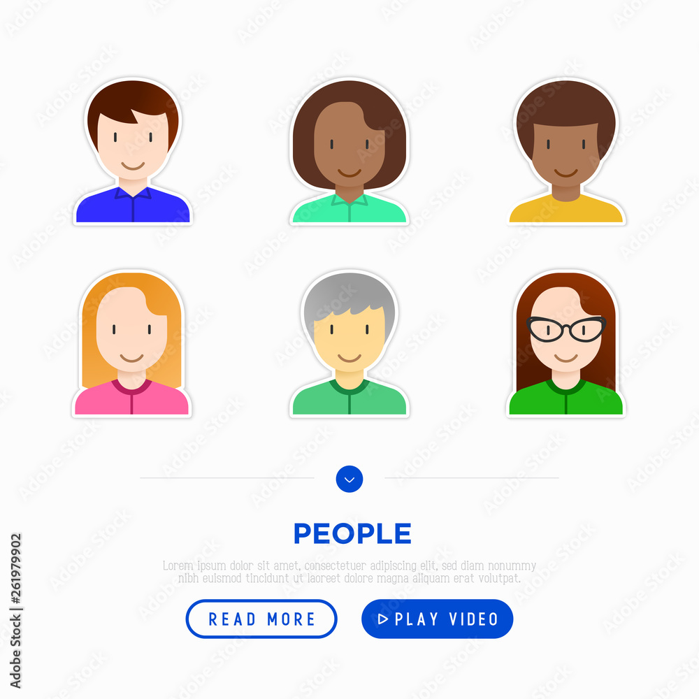 People flat icons set: smiling cartoon male and female heads. Avatars of people with different races and nationalities: caucasian, asian, african, hindu. Modern vector illustration. People flat icons set: smiling cartoon male and female heads. Avatars of people with different races and nationalities: caucasian, asian, african, hindu. Modern vector illustration.
