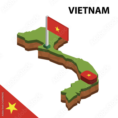 Isometric map and flag of Vietnam. 3D isometric Vector Illustration	