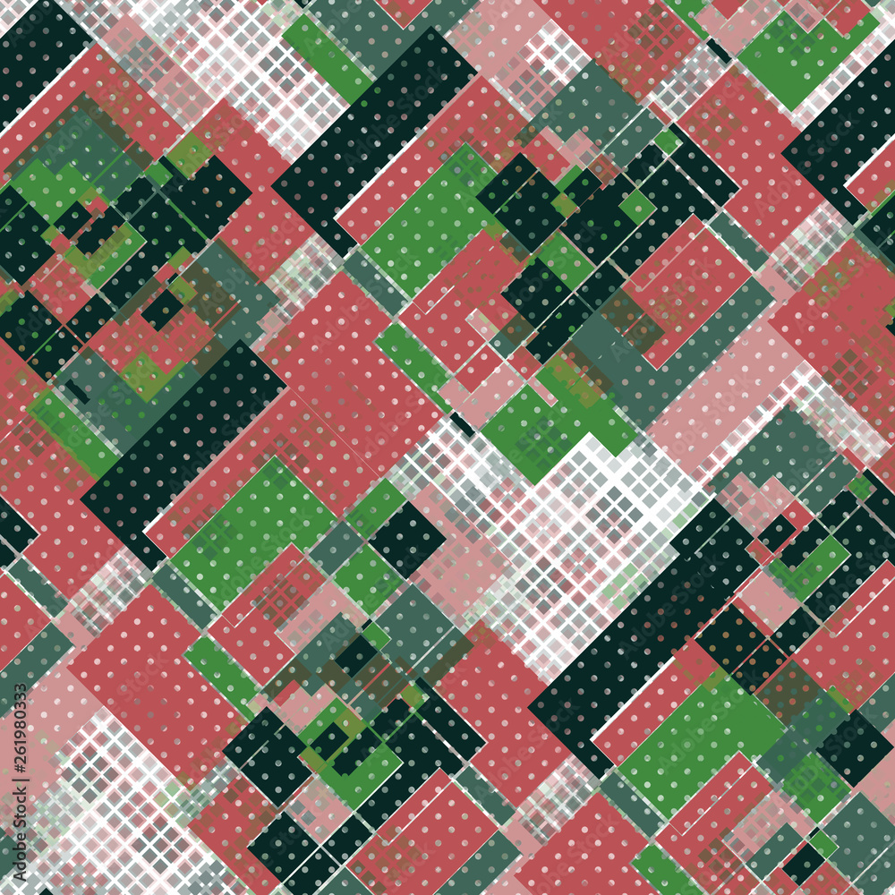 Fototapeta premium Seamless pattern shattered design. Multicolor print with tiles and halftone dots. Watercolor effect. Suitable for bed linen, leggings, shorts and fashion industry.
