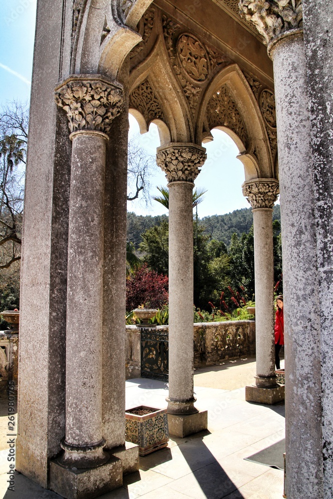 Carved stone arcades and columns of Monserrate palace in Sintra
