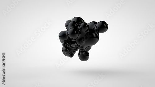 3D illustration of black oil droplets randomly spaced and isolated on a white background. 3D rendering, abstract image of chaos and disorder.