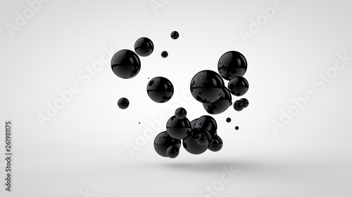 3D illustration of black oil droplets randomly spaced and isolated on a white background. 3D rendering, abstract image of chaos and disorder.