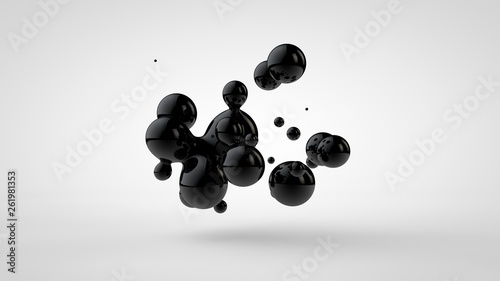 3D illustration of black oil droplets randomly spaced and isolated on a white background. 3D rendering, abstract image of chaos and disorder.