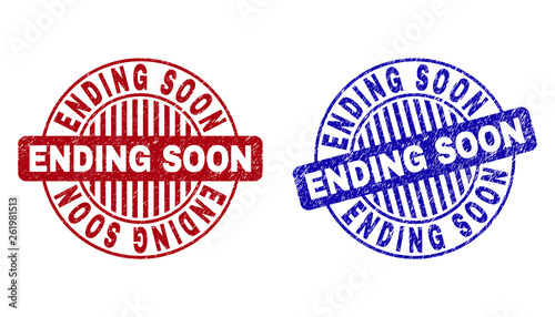 Grunge ENDING SOON round stamp seals isolated on a white background. Round seals with grunge texture in red and blue colors. Vector rubber imprint of ENDING SOON label inside circle form with stripes.