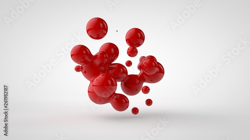 3D rendering of a plurality of drops of the red liquid looked like blood, juice. Drops of different shapes, different sizes randomly arranged in space, isolated on a white background. 3D illustration