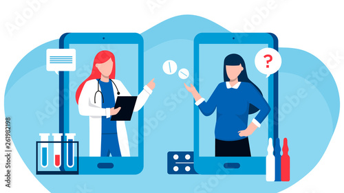 Online doctor vector illustration concept, Online medical support. Online doctor. Healthcare services, Ask a doctor. Family female doctor, gynecologist with stethoscope on the screen
