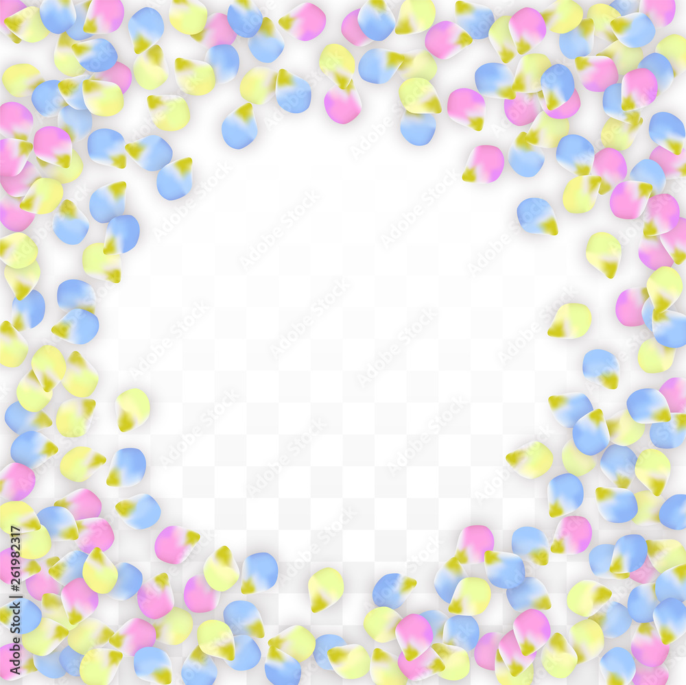 Vector Realistic Colorful Petals Falling on Transparent Background.  Spring Romantic Flowers Illustration. Flying Petals. Sakura Spa Design. Blossom Confetti. Design Elements for Wedding Decoration.