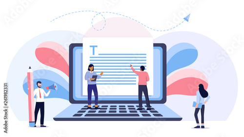Blogging, Blogger. Freelance. Creative writing. Copy writer. Content management. group of student study online education about storytelling, copywriting, seo, vector illustration concept
