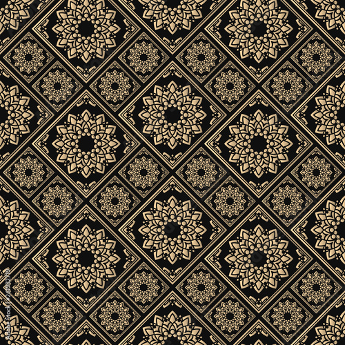 Islamic vector design. Seamless pattern oriental ornament. Black and golden textile print. Floral tiles.
