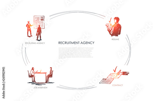 Recruitment agency - recruiting agency, job interview, resume, contract vector concept set