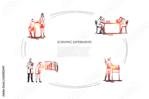 Scientific Experiment - medical workers making experiments with blood and tests in laboratory vector concept set