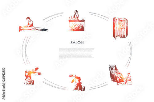 Salon - massage of back and foot, hairdressing, solarium and salon reception vector concept set