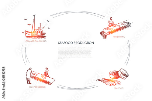 Seafood production - commercial fishing, fish sorting, seafood, fish processing vector concept set