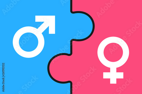 Puzzle - Man and woman / Male and female as complementary sex and gender - equal and  united balance in heterosexual relationship. Vector illustration