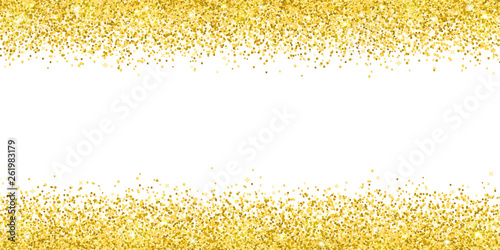 Gold glitter on white background, horizontal wide border. Vector