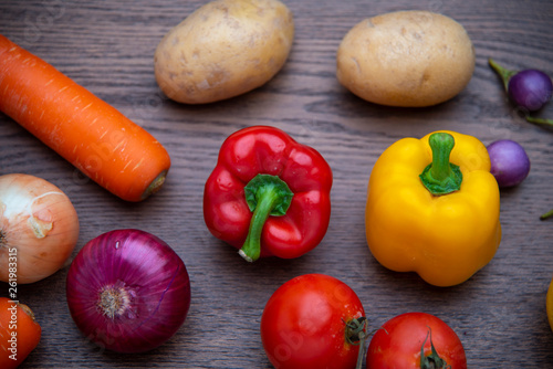 top view vegetables on wood...