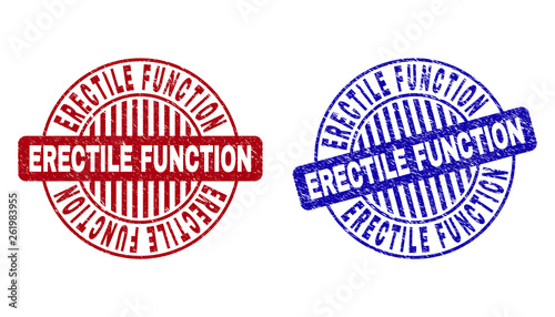Grunge ERECTILE FUNCTION round stamp seals isolated on a white background. Round seals with grunge texture in red and blue colors.