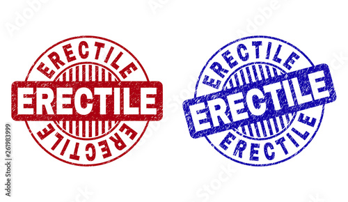 Grunge ERECTILE round stamp seals isolated on a white background. Round seals with grunge texture in red and blue colors. Vector rubber watermark of ERECTILE caption inside circle form with stripes.