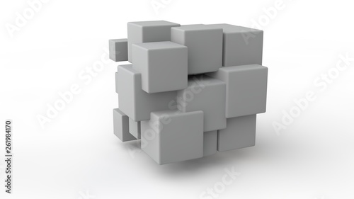 3D rendering of a set of cubes located in space  of different size  white color  isolated on a white background. Geometric model of destruction  chaos and variety of forms. 3D illustration.