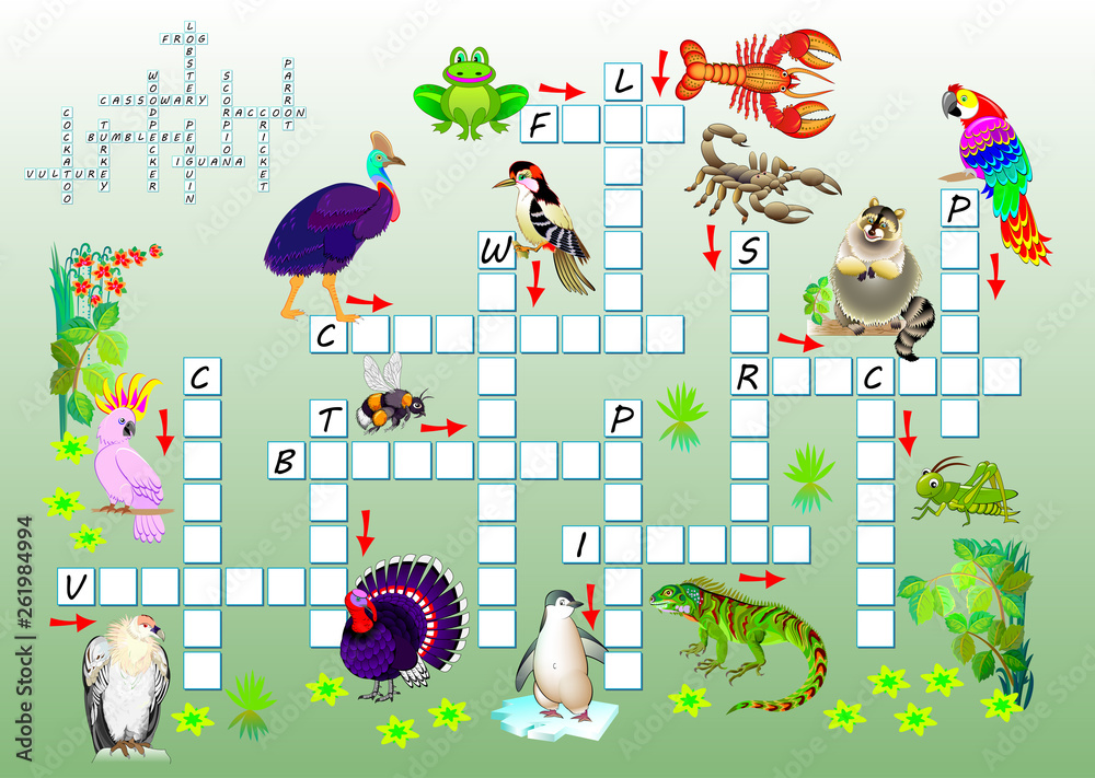 Crossword puzzle game with funny animals. Educational page for children for  study English words. Printable worksheet for brainteaser book. Vector  cartoon image. Stock Vector | Adobe Stock