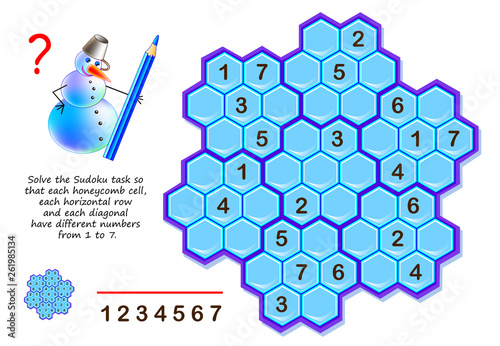 Logic puzzle game for children and adults. Solve Sudoku task so that each honeycomb cell, each horizontal row and each diagonal have different numbers from 1 to 7. Printable page for brainteaser book.