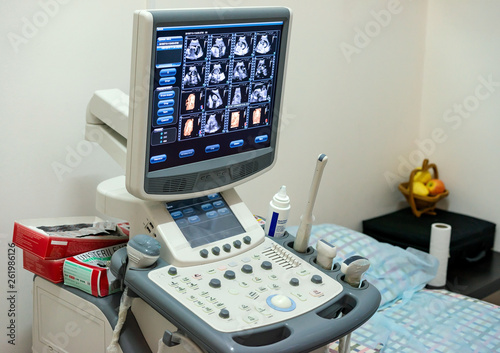 Medical equipments for ultrasonic diagnostics in a clinic room. Modern ultrasound machine